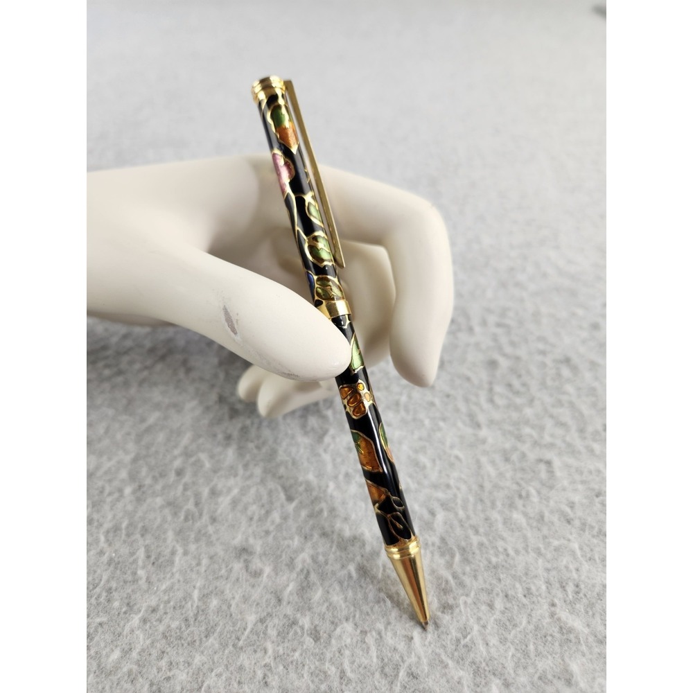 Vintage Chinese Cloisonné Enamel Floral Pen ballpoint Writing Black Iridescent